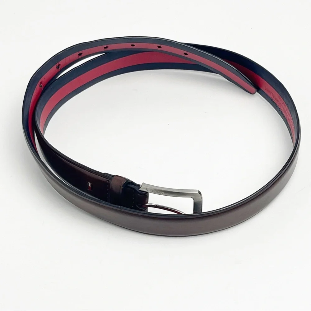 TOMMY HILFIGER Brown Leather Red And Blue Striped Interior Belt, One Size